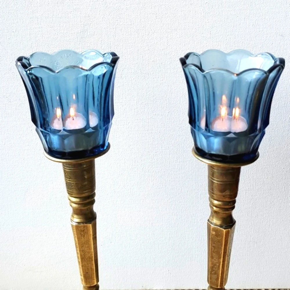 Vintage Brass Mid Century Candleholders Hexagonal Base Etched Floral 9
